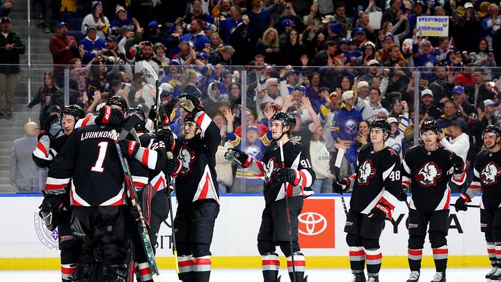 Mar 28, 2026; Buffalo, New York, USA;  The Buffalo Sabres celebrate a win over the Seattle Kraken at KeyBank Center. Mandatory Credit: Timothy T. Ludwig-Imagn Images