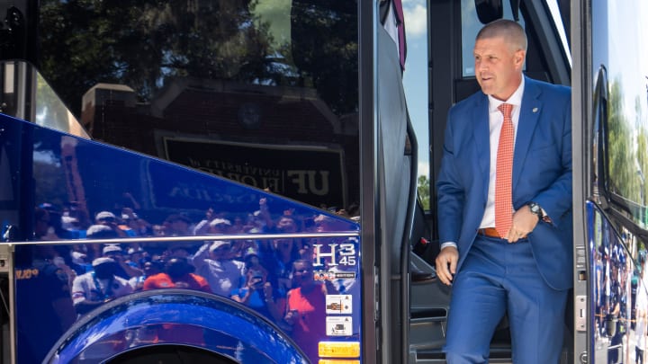 Florida Gators head coach Billy Napier exits the bus during Gator Walk for the season opener at Ben Hill Griffin Stadium in Gainesville, FL on Saturday, August 31, 2024 against the University of Miami Hurricanes. [Doug Engle/Gainesville Sun]