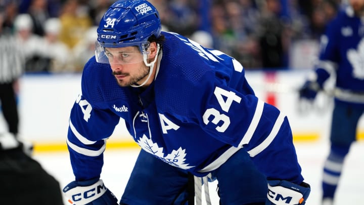 Apr 24, 2024; Toronto, Ontario, CAN; Toronto Maple Leafs forward Auston Matthews (34) get set for a face-off against the Boston Bruins in game three of the first round of the 2024 Stanley Cup Playoffs at Scotiabank Arena. Mandatory Credit: John E. Sokolowski-USA TODAY Sports