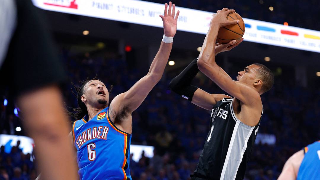 May 30, 2026; Oklahoma City, Oklahoma, USA; San Antonio Spurs forward Victor Wembanyama (1) shoots against Oklahoma City Thunder forward Jaylin Williams (6) in the second quarter during Game 7 of the Western Conference Finals for the 2026 NBA playoffs at Paycom Center.