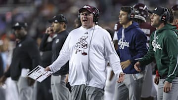 Nov 30, 2024; College Station, Texas, USA; Texas A&M Aggies head coach Mike Elko reacts during the third quarter against the Texas Longhorns at Kyle Field. Mandatory Credit: Troy Taormina-Imagn Images