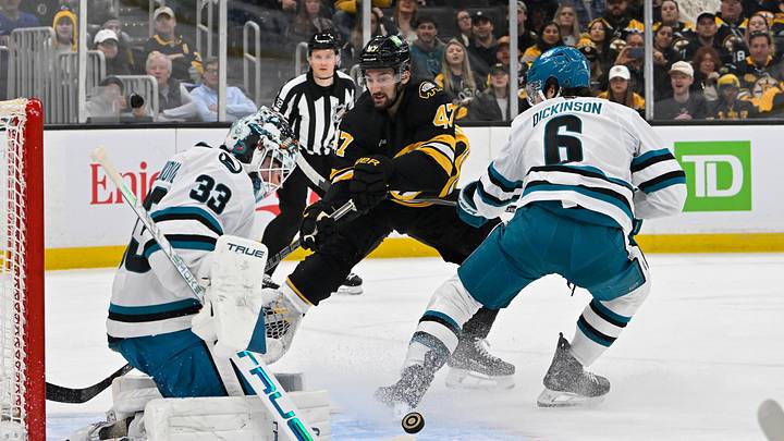 Oct 24, 2026; Boston, Massachusetts, USA; San Jose Sharks goaltender Alex Nedeljkovic (33) makes a save against Boston Bruins center Mark Kastelic (47) during the first period at TD Garden. Mandatory Credit: Eric Canha-Imagn Images