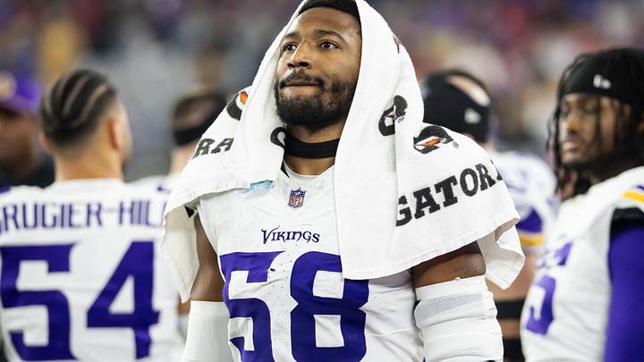 Jan 13, 2025; Glendale, AZ, USA; Minnesota Vikings linebacker Jonathan Greenard (58) against the Los Angeles Rams during an NFC wild card game at State Farm Stadium. Mandatory Credit: Mark J. Rebilas-Imagn Images