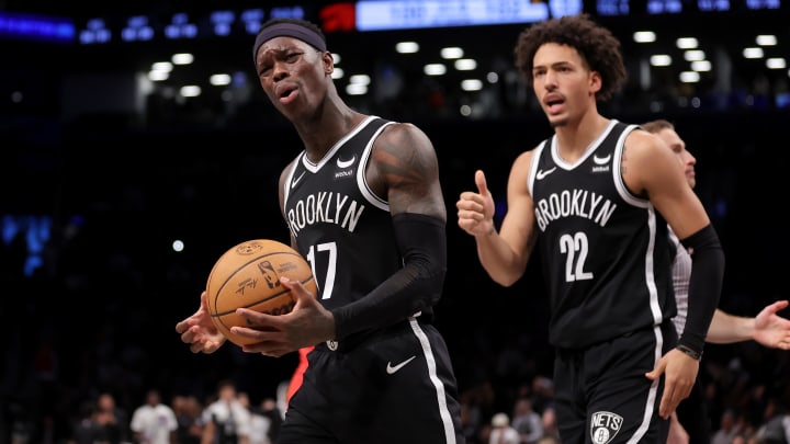 Apr 10, 2024; Brooklyn, New York, USA; Brooklyn Nets guard Dennis Schroder (17) and forward Jalen Wilson (22) react during the fourth quarter against the Toronto Raptors at Barclays Center. Mandatory Credit: Brad Penner-USA TODAY Sports