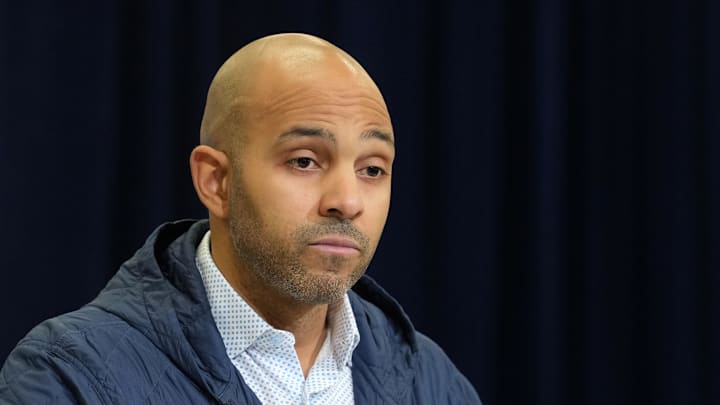 Feb 24, 2026; Indianapolis, IN, USA; Atlanta Falcons general manager Ian Cunningham speaks at the NFL Scouting Combine at the Indiana Convention Center. Mandatory Credit: Kirby Lee-Imagn Images