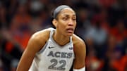 Oct 8, 2025; Phoenix, Arizona, USA; Las Vegas Aces center A'ja Wilson (22) against the Phoenix Mercury during game three of the 2025 WNBA Finals at PHX Arena. Mandatory Credit: Mark J. Rebilas-Imagn Images