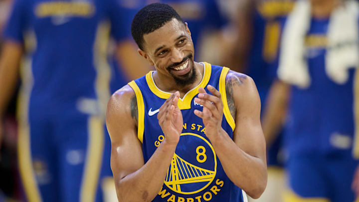 Jan 7, 2026; San Francisco, California, USA; Golden State Warriors guard De'Anthony Melton (8) reacts at the end of the game against the Milwaukee Bucks during the fourth quarter at Chase Center. Mandatory Credit: Robert Edwards-Imagn Images