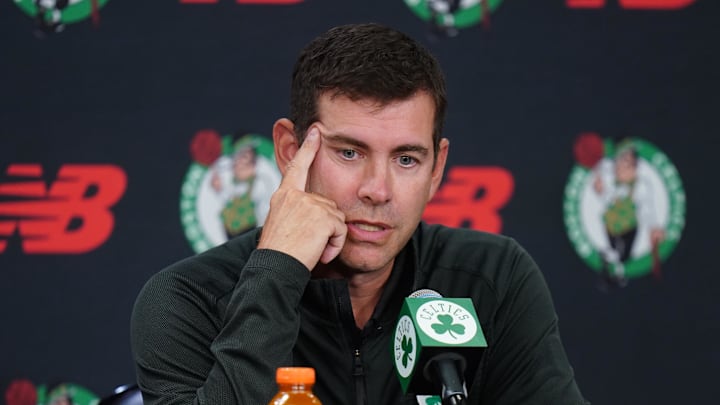 Sep 29, 2025; Boston, MA, USA; Boston Celtics president of basketball operations Brad Stevens talks to reporters during media day at the Auerbach Center. Mandatory Credit: David Butler II-Imagn Images