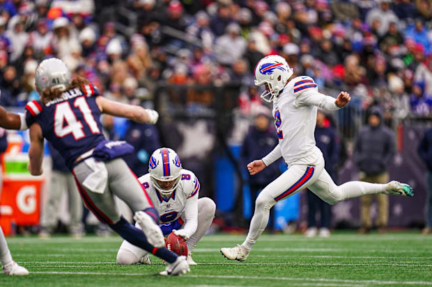 Buffalo Bills kicker Tyler Bass kicks a field goal
