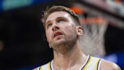 Nov 8, 2025; Atlanta, Georgia, USA; Los Angeles Lakers guard Luka Doncic (77) reacts after a call during the game against the Atlanta Hawks during the first half at State Farm Arena. Mandatory Credit: Dale Zanine-Imagn Images