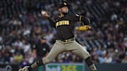 Sep 6, 2025; Denver, Colorado, USA; San Diego Padres pitcher Robert Suarez (75) pitches during the ninth inning against the Colorado Rockies at Coors Field. Mandatory Credit: Christopher Hanewinckel-Imagn Images