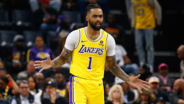 Mar 27, 2024; Memphis, Tennessee, USA; Los Angeles Lakers guard D'Angelo Russell (1) reacts during the first half against the Memphis Grizzlies at FedExForum. Mandatory Credit: Petre Thomas-USA TODAY Sports