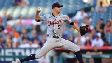 Jun 27, 2024; Anaheim, California, USA; Detroit Tigers starting pitcher Jack Flaherty (9) throws against the Los Angeles Angels during the first inning at Angel Stadium. Mandatory Credit: Gary A. Vasquez-USA TODAY Sports