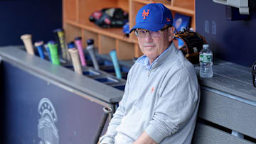 May 17, 2025; Bronx, New York, USA; New York Mets owner Steve Cohen sits in the dugout after batting practice before a game against the New York Yankees at Yankee Stadium. Mandatory Credit: Brad Penner-Imagn Images