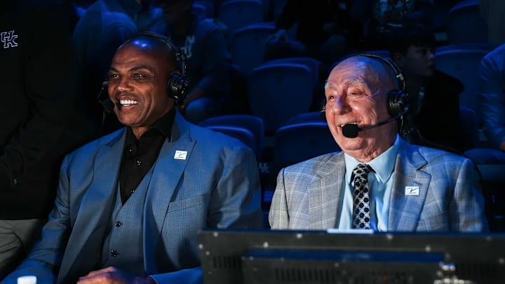ESPN announcer Dick Vitale with analyst Charles Barkley before the Indiana-Kentucky men's college basketball game at Rupp Arena in Lexington, Kentucky December 13, 2025.