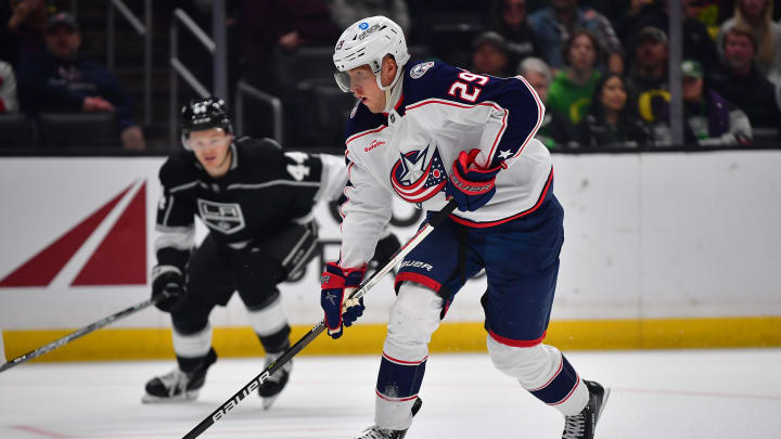 Mar 16, 2023; Los Angeles, California, USA; Columbus Blue Jackets left wing Patrik Laine (29) moves in for a shot on goal against the Los Angeles Kings during the first period at Crypto.com Arena. Mandatory Credit: Gary A. Vasquez-USA TODAY Sports