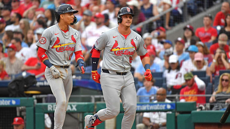 Jun 2, 2024; Philadelphia, Pennsylvania, USA; St. Louis Cardinals second base Nolan Gorman (16) celebrates his home run with shortstop Masyn Winn (0) against the Philadelphia Phillies during the first inning at Citizens Bank Park. Mandatory Credit: Eric Hartline-USA TODAY Sports