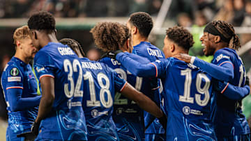 Players of Chelsea celebrate a goal during the UEFA...