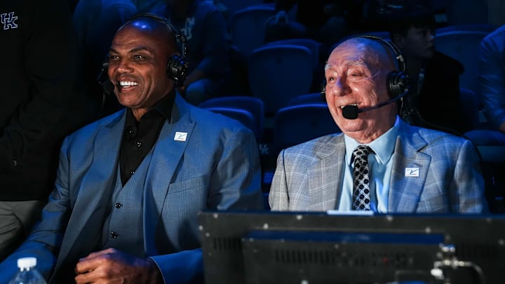 ESPN announcer Dick Vitale with analyst Charles Barkley before the Indiana-Kentucky men's college basketball game at Rupp Arena in Lexington, Kentucky December 13, 2025.
