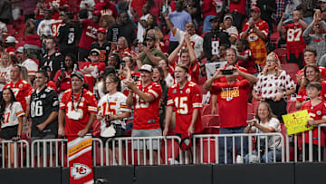 Sep 22, 2024; Atlanta, Georgia, USA; Kansas City Chiefs fans react after the Chiefs defeated the Atlanta Falcons at Mercedes-Benz Stadium. Mandatory Credit: Dale Zanine-Imagn Images