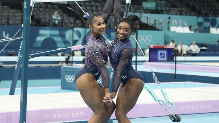 Jul 25, 2024; Paris, France; Jordan Chiles and Simon Biles during a practice session before the Paris 2024 Olympic Summer Games at Bercy Arena. 