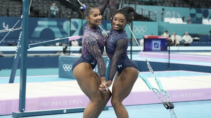 Jul 25, 2024; Paris, France; Jordan Chiles and Simon Biles during a practice session before the Paris 2024 Olympic Summer Games at Bercy Arena. 