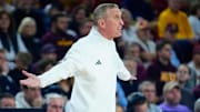 Arizona State head coach Bobby Hurley argues a call against TCU during a game at Desert Financial Arena in Tempe on Feb. 15, 2025.