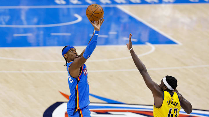 Gilgeous-Alexander shoots the ball over Siakam during the 2025 NBA Finals at Paycom Center. 