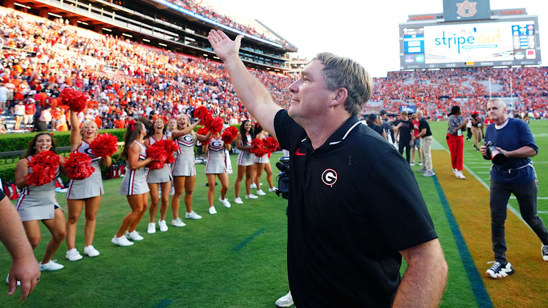 Georgia Bulldogs head coach Kirby Smart celebrates following the Bulldogs 27-20 victory at Jordan-Hare Stadium