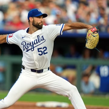 Aug 10, 2024; Kansas City, Missouri, USA; Kansas City Royals starting pitcher Michael Wacha (52) pitches during the second inning against the St. Louis Cardinals at Kauffman Stadium. Mandatory Credit: Jay Biggerstaff-USA TODAY Sports