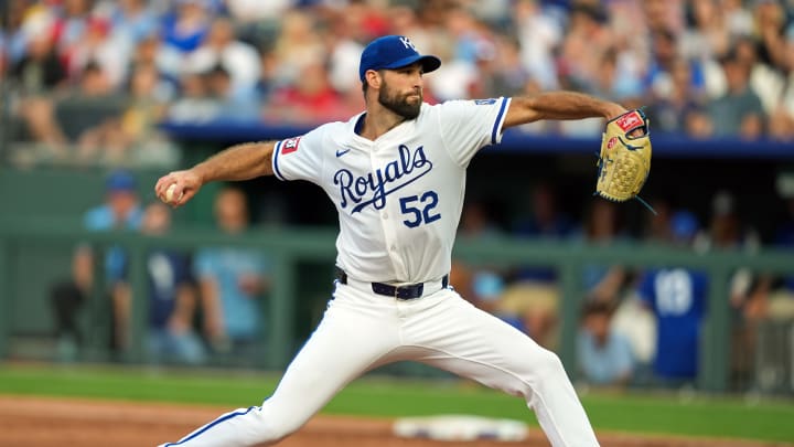 Aug 10, 2024; Kansas City, Missouri, USA; Kansas City Royals starting pitcher Michael Wacha (52) pitches during the second inning against the St. Louis Cardinals at Kauffman Stadium. Mandatory Credit: Jay Biggerstaff-USA TODAY Sports