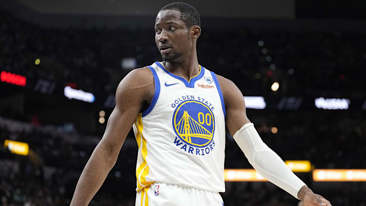 Mar 11, 2024; San Antonio, Texas, USA; Golden State Warriors forward Jonathan Kuminga (00) reacts to a call by an official during the first half against the San Antonio Spurs at Frost Bank Center. Mandatory Credit: Scott Wachter-Imagn Images