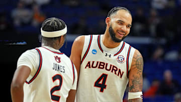 Mar 20, 2025; Lexington, KY, USA;  Auburn Tigers forward Johni Broome (4) reacts during the second half against the Alabama State Hornets in the first round of the NCAA Tournament at Rupp Arena. Mandatory Credit: Aaron Doster-Imagn Images