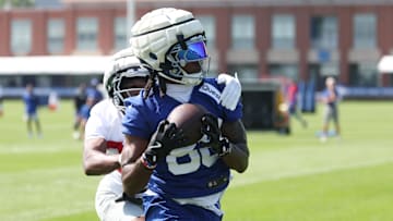 Jul 24, 2025; East Rutherford, NJ, USA; New York Giants wide receiver Bryce Ford-Wheaton (88) catches the ball during training camp at Quest Diagnostics Training Center. Mandatory Credit: Vincent Carchietta-Imagn Images