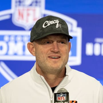 Feb 27, 2024; Indianapolis, IN, USA; Cincinnati Bengals director of player personnel Duke Tobin talks to the media at the 2024 NFL Combine at Indiana Convention Center. Mandatory Credit: Trevor Ruszkowski-Imagn Images
