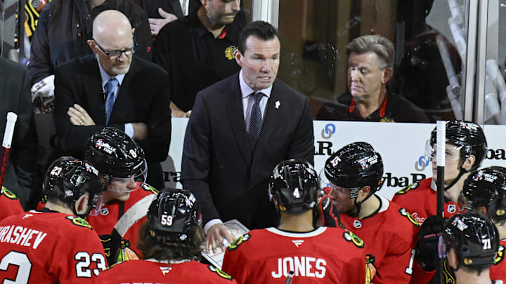 Oct 19, 2024; Chicago, Illinois, USA; Chicago Blackhawks head coach Luke Richardson talks with the team during the third period against the Buffalo Sabres at the United Center. Mandatory Credit: Matt Marton-Imagn Images Oct 19, 2024; Chicago, Illinois, USA; Chicago Blackhawks head coach Luke Richardson talks with the team during the third period against the Buffalo Sabres at the United Center. Mandatory Credit: Matt Marton-Imagn Images