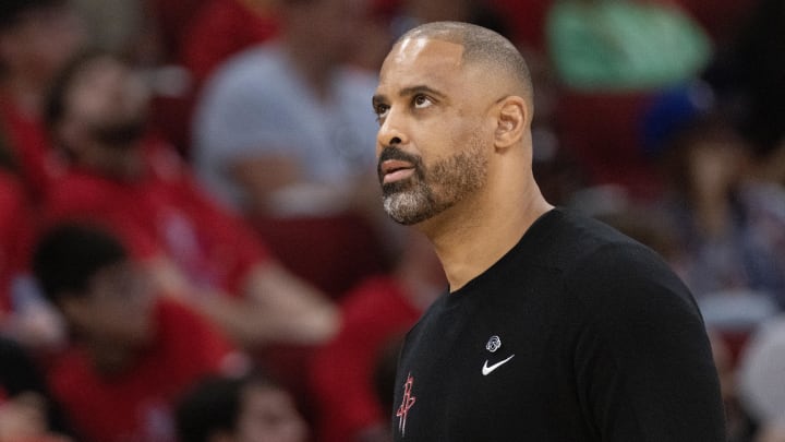 Apr 4, 2024; Houston, Texas, USA; Houston Rockets head coach Ime Udoka coaches against the Golden State Warriors in the second half at Toyota Center. Mandatory Credit: Thomas Shea-USA TODAY Sports