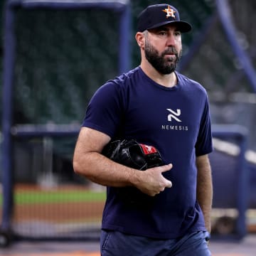 Jul 13, 2024; Houston, Texas, USA; Houston Astros starting pitcher Justin Verlander (35) prior to the game against the Texas Rangers at Minute Maid Park.