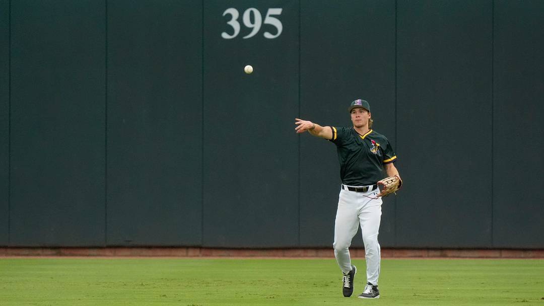 Aug 2, 2025; North Augusta, South Carolina, USA; GreenJackets outfielder Eric Hartman (17) throws the ball during the Augusta GreenJackets and Carolina Mudcats game at SRP Park. The GreenJackets won the fifth game of the series 5-3. Mandatory Credit: Katie Goodale - Augusta Chronicle/USA TODAY NETWORK