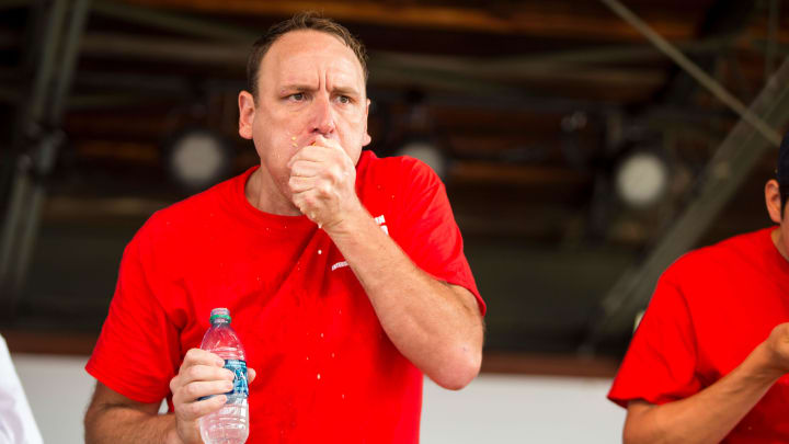 Joey Chestnut competes in a Major League Eating event.