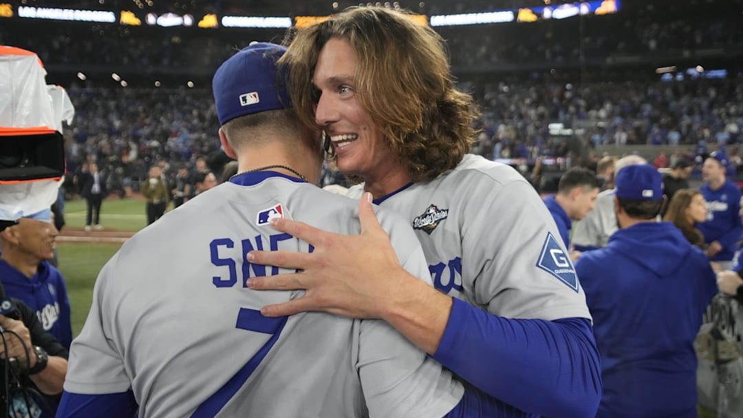 Oct 31, 2025; Toronto, Ontario, CAN; Los Angeles Dodgers pitcher Blake Snell (7) and pitcher Tyler Glasnow (31) celebrate after defeating the Toronto Blue Jays in the 2025 MLB World Series at Rogers Centre. Mandatory Credit: John E. Sokolowski-Imagn Images