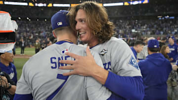 Oct 31, 2025; Toronto, Ontario, CAN; Los Angeles Dodgers pitcher Blake Snell (7) and pitcher Tyler Glasnow (31) celebrate after defeating the Toronto Blue Jays in the 2025 MLB World Series at Rogers Centre. Mandatory Credit: John E. Sokolowski-Imagn Images