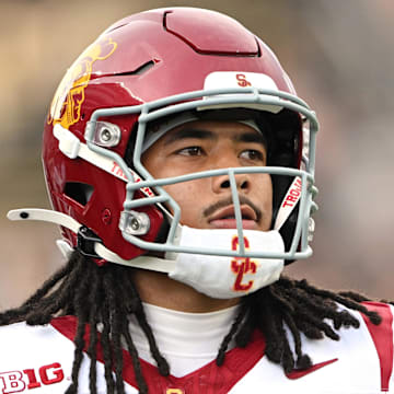 Sep 13, 2025; West Lafayette, Indiana, USA; Southern California Trojans wide receiver Makai Lemon (6) warms up before the game against the Purdue Boilermakers at Ross-Ade Stadium. Mandatory Credit: Marc Lebryk-Imagn Images
