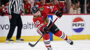 Feb 15, 2024; Chicago, Illinois, USA;  Chicago Blackhawks forward Tyler Johnson (90) skates against the Pittsburgh Penguins at United Center. Mandatory Credit: Jamie Sabau-USA TODAY Sports
