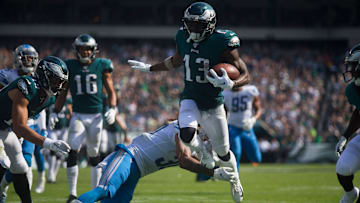 Eagles' Nelson Agholor (13) hurdles his way into the end zone against the Lions at Lincoln Financial Field. The Lions defeated the Eagles 27-24, Sunday, Sept. 22.