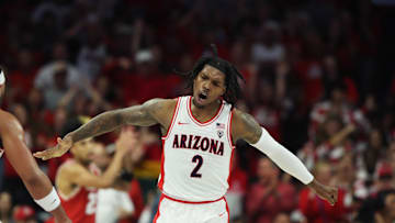 Dec 9, 2023; Tucson, Arizona, USA; Arizona Wildcats guard Caleb Love (2) celebrates a basket against the Wisconsin Badgers during the first half at McKale Center. Mandatory Credit: Zachary BonDurant-Imagn Images