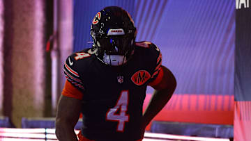 Oct 19, 2025; Chicago, Illinois, USA; Chicago Bears running back D'Andre Swift (4) takes the field before the game against the New Orleans Saints at Soldier Field. Mandatory Credit: Mike Dinovo-Imagn Images