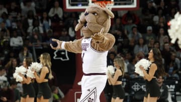 Dec 3, 2023; Starkville, Mississippi, USA; Mississippi State Bulldogs mascot Bully tosses t-shirts