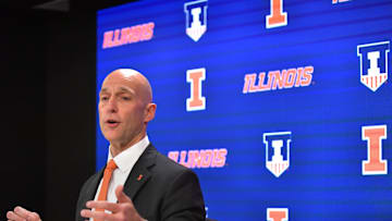 Dec 29, 2023; Champaign, Illinois, USA; Josh Whitman, Director of Athletics at the University of Illinois, addresses the media over the suspension of player Terrence Shannon Jr. after a rape charge on Dec.5. The address to the media came  before a game with Fairleigh Dickinson at State Farm Center. Mandatory Credit: Ron Johnson-Imagn Images