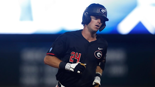 Colorado Rockies prospect Charlie Condon rounding the bases during a college game.